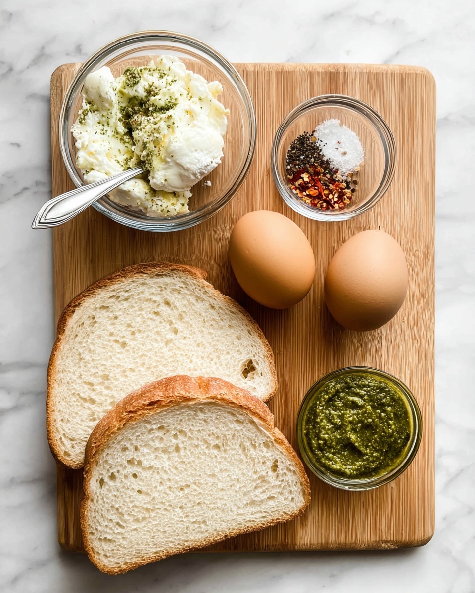 A wooden board with two large slices of light beige bread at the bottom left, two brown eggs positioned to the right of the bread, and three small clear glass bowls above the eggs and bread. The bowl on the left contains a white creamy mixture with green herbs and has a small silver spoon inside. The small bowl on the top right holds a mix of coarse black pepper, white salt, and red chili flakes. The small bowl below it contains a thick, bright green pesto sauce. The board is set on a white marbled surface. Photo taken with an iphone --ar 4:5 --v 7