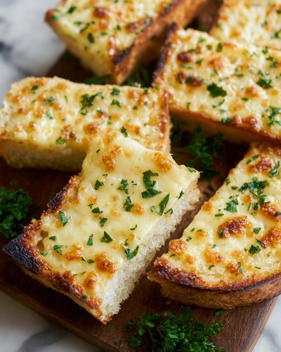 The image shows several pieces of toasted bread with a thick base, topped with a layer of melted, golden-brown cheese that has small browned spots from baking, sprinkled with chopped fresh green herbs. The bread slices are placed on a wooden board, with the soft, fluffy texture of the bread visible under the cheese layer. The pieces are irregularly shaped and arranged close to each other with some fresh green herbs around them. The surface beneath is a white marbled texture. photo taken with an iphone --ar 4:5 --v 7