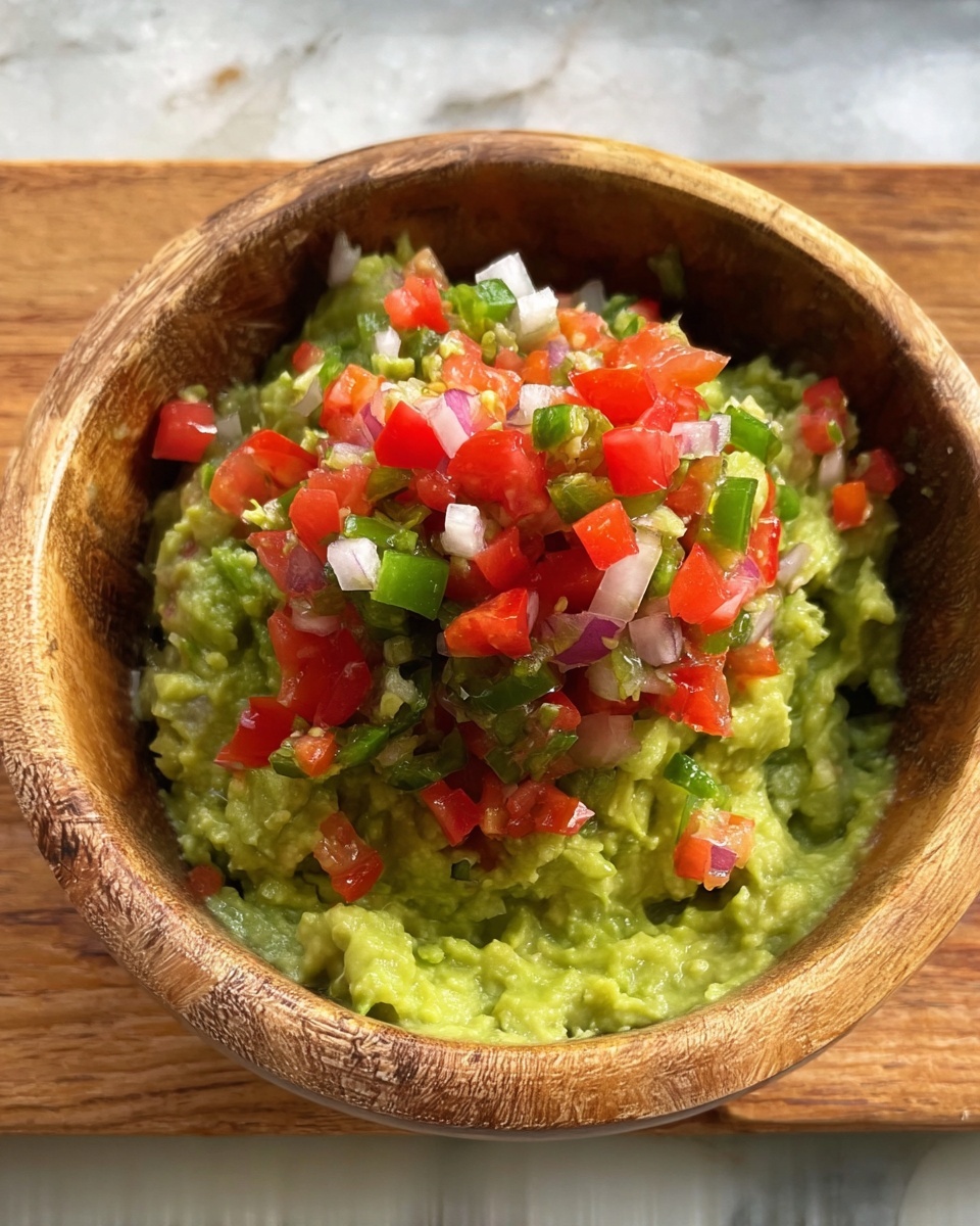 A wooden bowl filled with bright green mashed avocado at the bottom, topped with a colorful mix of chopped red tomatoes, white onions, and green jalapeños. The mashed avocado has a creamy, slightly chunky texture, while the diced vegetables add a fresh and crispy look on top. The bowl sits on a white marbled surface. photo taken with an iphone --ar 4:5 --v 7