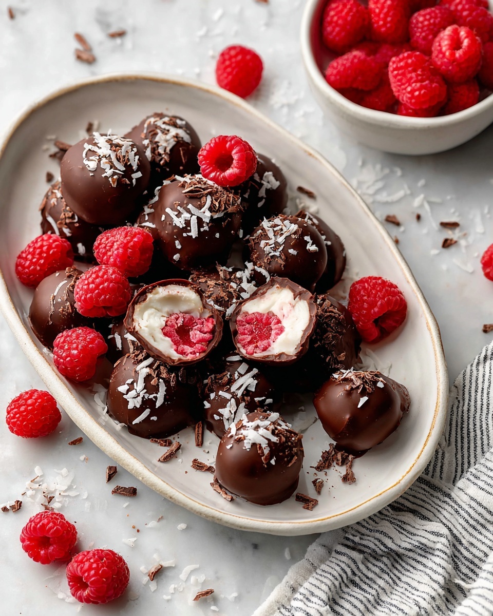 A white oval plate filled with dark brown chocolate-covered raspberries, some whole and some cut open to show bright red raspberry and white cream inside, scattered with white coconut flakes and small chocolate shavings on top. Fresh red raspberries are placed around the plate, with a few in a small white bowl beside it. The background is a white marbled texture with a striped cloth partially visible on the lower right side. Photo taken with an iphone --ar 4:5 --v 7