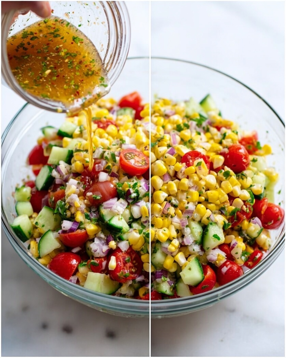 A clear glass bowl filled with a colorful salad layered with bright yellow corn pieces, red cherry tomato halves, green cucumber slices, finely chopped red onions, and small bits of green herbs scattered throughout. The textures vary from smooth cucumber skin, juicy tomatoes, and bumpy corn kernels to minced onions. Above the bowl, a woman's hand pours a light brown dressing with herbs from a small glass container, adding shine to the fresh vegetables. The bowl is placed on a white marbled surface, showing vibrant fresh ingredients ready to be mixed. photo taken with an iphone --ar 4:5 --v 7