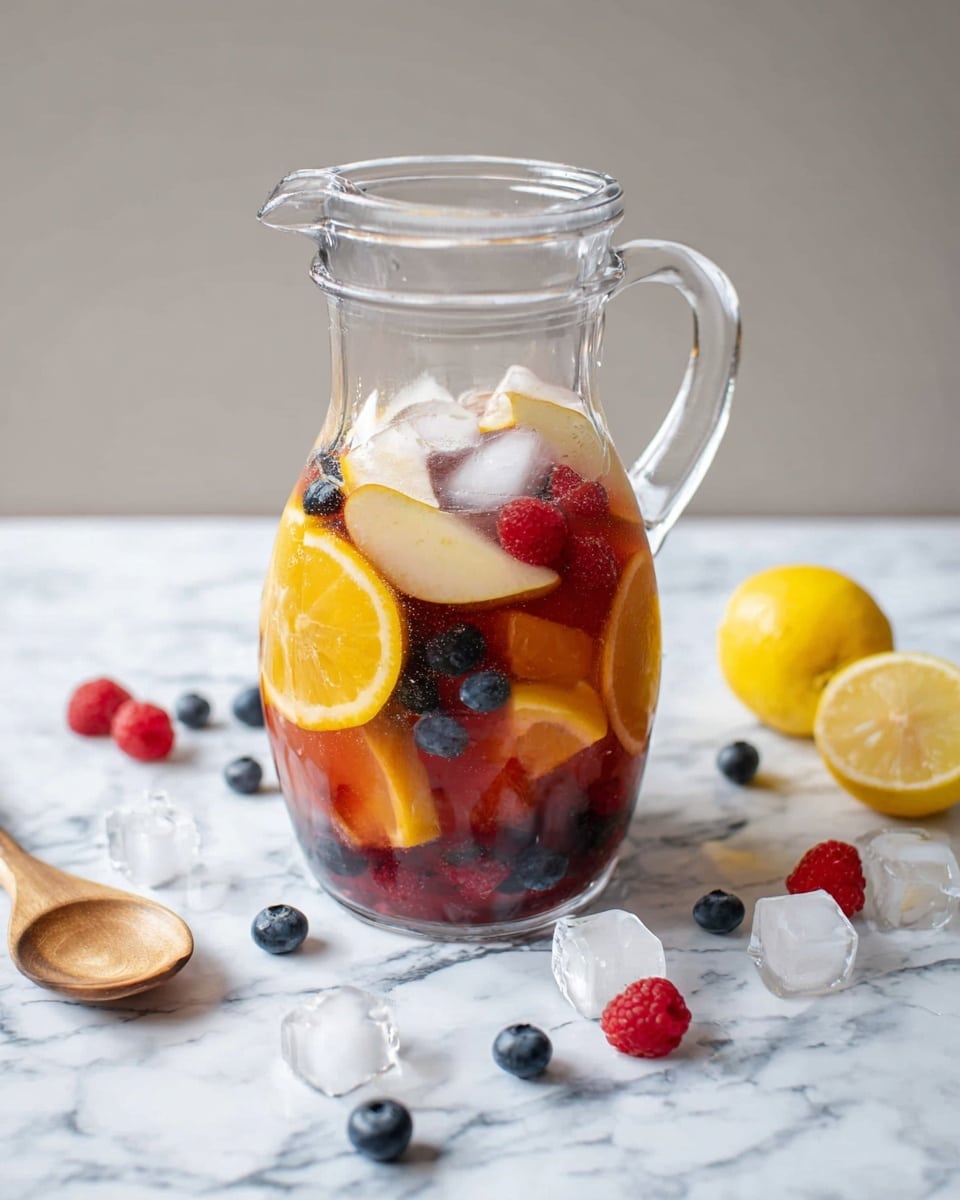 A clear glass pitcher filled with a layered fruit drink stands on a white marbled surface. Inside the pitcher, at the bottom, there are orange and lemon slices showing bright orange and yellow colors along with red raspberries and dark blue blueberries scattered throughout. On top of these fruits is a layer of ice cubes floating near the surface, with slices of pear and more fruit pieces visible above. Around the pitcher, some loose blueberries and raspberries, ice cubes, a halved lemon, and a halved orange are spread casually. A wooden spoon lies next to the pitcher on the left side. The overall scene has a fresh and vibrant look. photo taken with an iphone --ar 4:5 --v 7