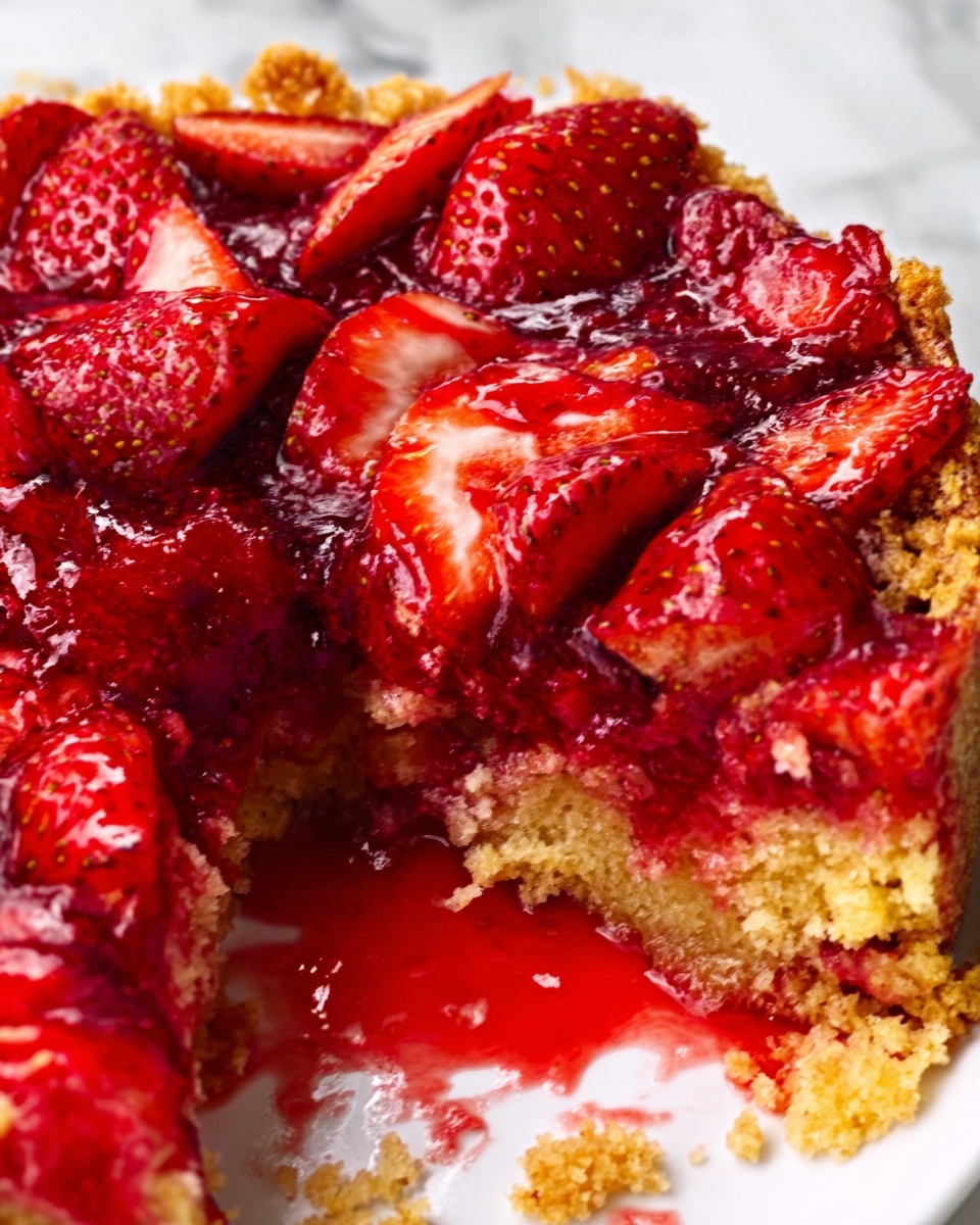 A close-up view of a white plate holding a bright red strawberry dessert with a crumbly golden crust beneath. The top layer consists of sliced strawberries that are fresh and shiny, scattered evenly across the surface. Below the strawberries, a thick, glossy red strawberry sauce puddles into the empty space where a piece was removed, showing a smooth, slightly sticky texture. The crumb layer at the base looks moist and soft, with crumbs scattered around the edges of the missing piece. The background features a white marbled surface. Photo taken with an iphone --ar 4:5 --v 7