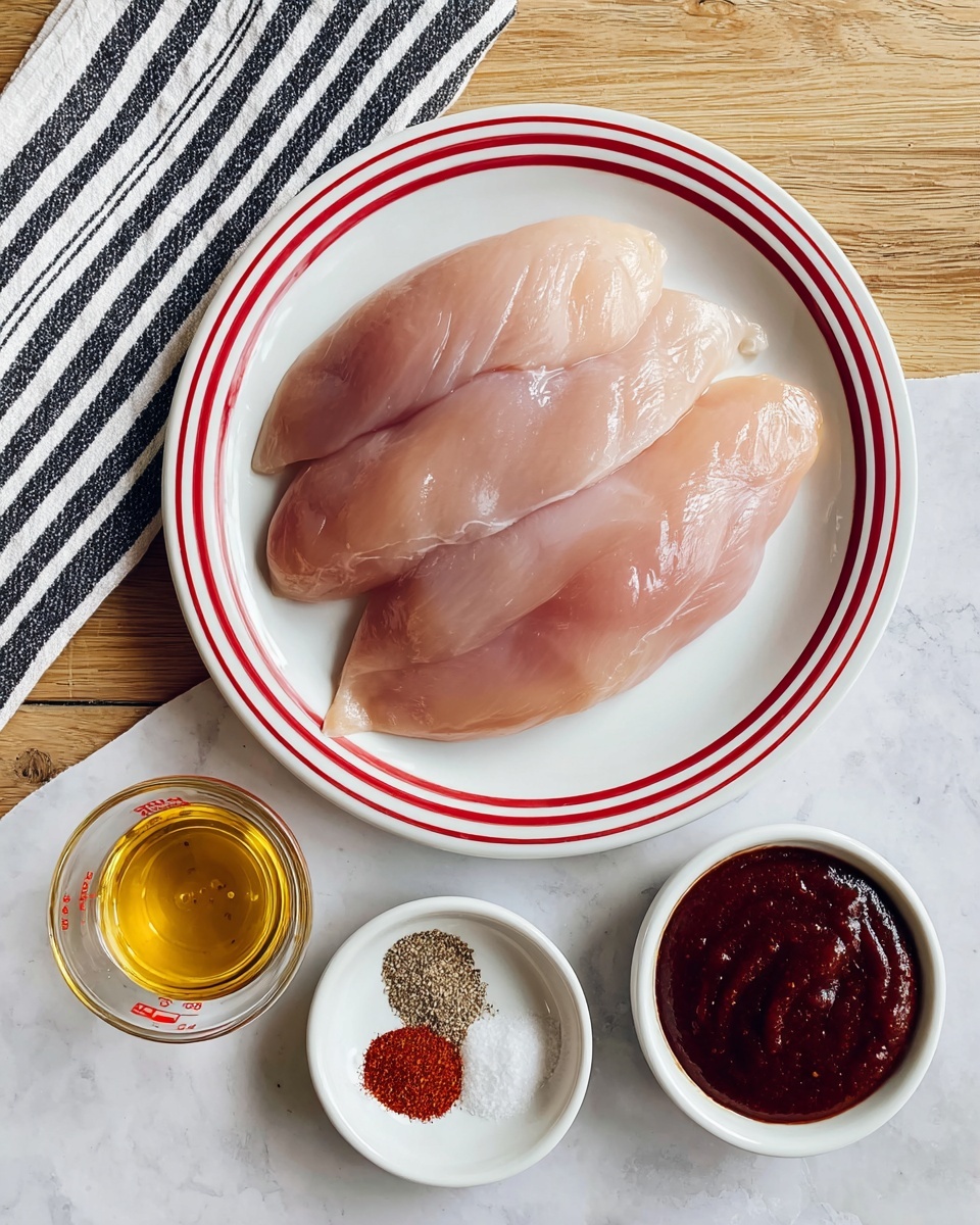 Three raw chicken fillets are placed on a white plate with two red rings around the edge, sitting on a white marbled surface. Below the plate, there is a small clear measuring cup with a golden liquid, a small white bowl with five different spices in sections including black, white, red, and light brown, and another small white bowl filled with thick dark red sauce. A white cloth with black stripes is partially visible on the left side. photo taken with an iphone --ar 4:5 --v 7