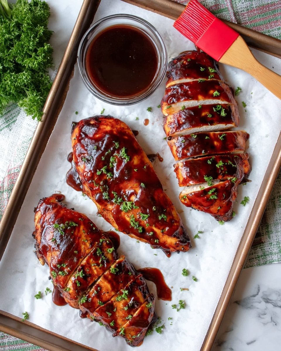 The image shows three pieces of grilled chicken covered in shiny, dark reddish-brown sauce on a baking tray lined with white parchment paper. One chicken piece is sliced into four even strips, showing a light cooked inside, while the other two pieces are whole. The sauce is thick and glossy, with small green parsley flakes sprinkled over the chicken. To the left of the chicken, there is a small round glass bowl filled with extra dark sauce. Above the chicken pieces lies a white baking tray with edges, and a red silicone brush with a wooden handle rests on the top right corner. The background surface is a white marbled texture with a small bunch of green parsley in the bottom left corner. Photo taken with an iphone --ar 4:5 --v 7