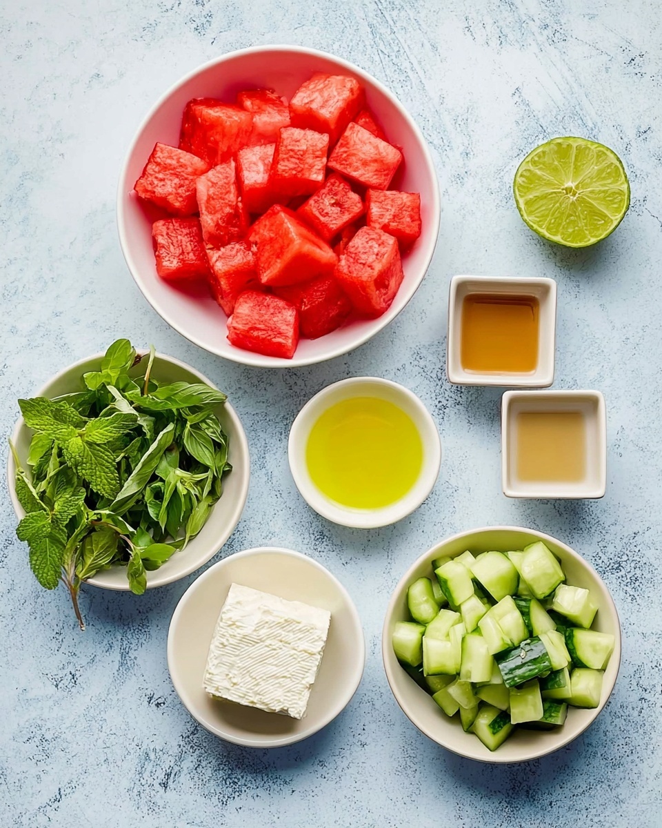 The image shows six small white dishes arranged on a white marbled surface. The top left dish is a bowl filled with bright red watermelon cubes, rough cut and piled high. To the right is a half lime with a pale green inside. Next to it are two small square dishes, one with a golden brown sauce and the other empty. Below is a small round dish filled with a bright yellow liquid, likely oil. At the bottom left, a small white dish holds fresh green herbs with smooth and serrated leaves. Next to it, a small white dish contains a thick block of white cheese with a crumbly texture. On the right bottom, a bowl holds bright green cucumber chunks with smooth and shiny skin, roughly chopped. All dishes are clean and arranged neatly on the white marbled surface. photo taken with an iphone --ar 4:5 --v 7
