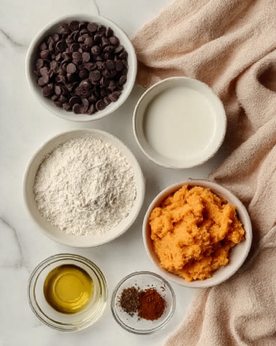 A white bowl filled with dark chocolate chips sits at the top left, next to a similar white bowl filled with milk on the top right. Below them, there is a white bowl with orange-colored mashed sweet potatoes on the right and a white bowl with white flour on the left. A small clear glass bowl containing a light yellow liquid, likely oil, is placed below the flour. At the bottom, another clear glass bowl holds brown spices. The bowls rest on a soft beige cloth, and the background is a white marbled texture. Photo taken with an iphone --ar 4:5 --v 7