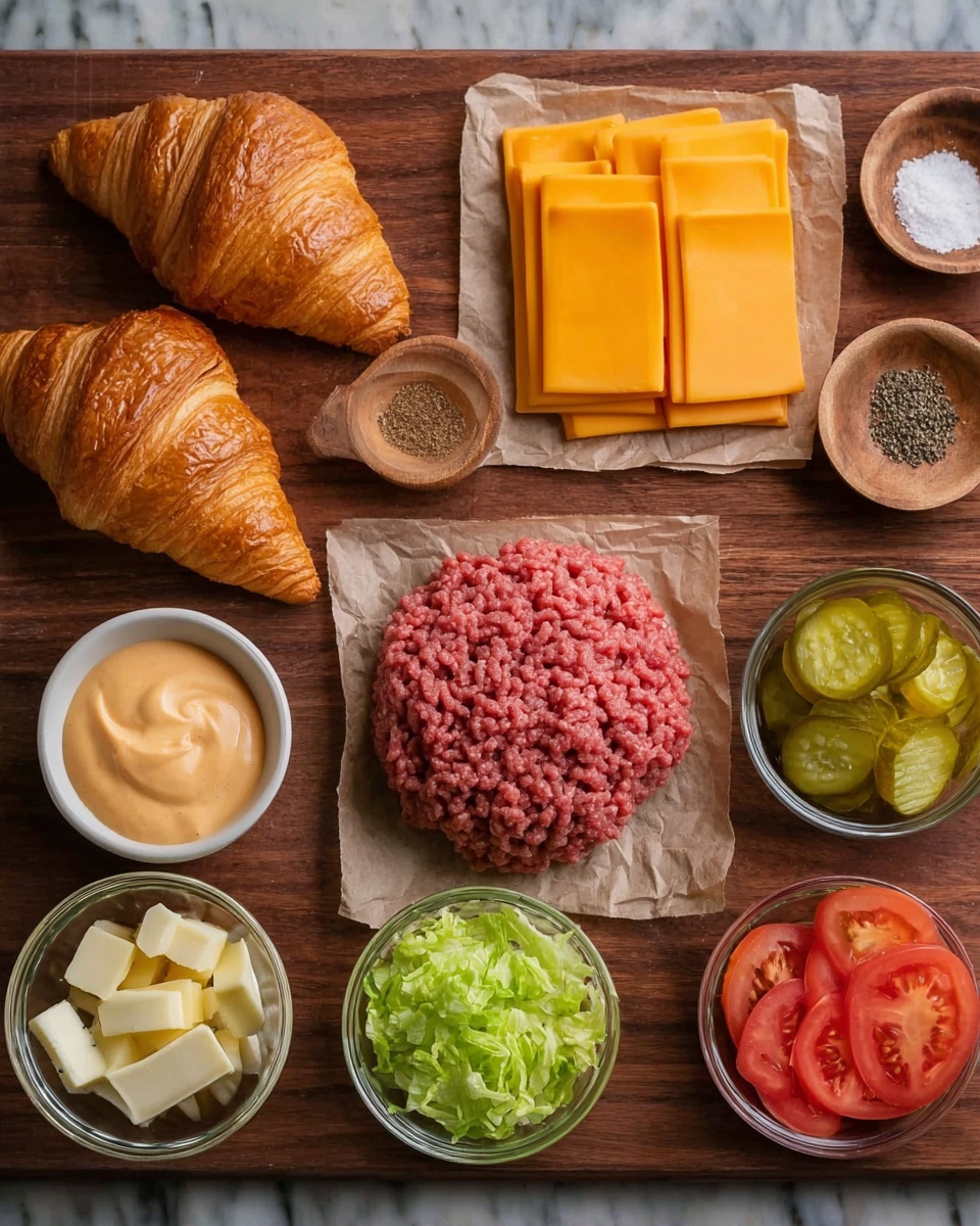 The image shows ingredients for a burger arranged neatly on a dark wooden table with a white marbled background visible at the edges. There are two golden brown croissants on the top left, and next to them, a round mound of raw ground beef on brown parchment paper. To the right are squares of bright orange cheddar cheese stacked in a neat pile, with small wooden bowls above containing salt and cracked black pepper. Below the croissants and beef are small clear glass and white bowls holding pale yellow butter cubes, bright green shredded lettuce, dark green sliced pickles, and red tomato slices. On the far right, a bowl of creamy orange sauce sits ready for spreading. photo taken with an iphone --ar 4:5 --v 7