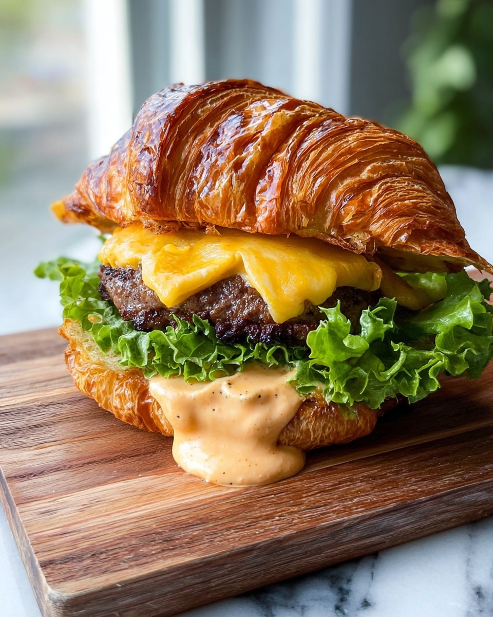 A croissant burger with four visible layers is shown on a wooden board against a white marbled background. The bottom layer is a golden, flaky croissant with a slight crisp texture. Above it, a layer of fresh green lettuce leaves adds vibrant color and a crisp texture. On top of the lettuce sits a thick, juicy grilled beef patty with charred grill marks. A bright yellow melted cheese layer covers the patty, topped with a creamy, light orange sauce that drips down the sides. The top layer is the other half of the croissant, golden and flaky, completing the stack. Photo taken with an iphone --ar 4:5 --v 7