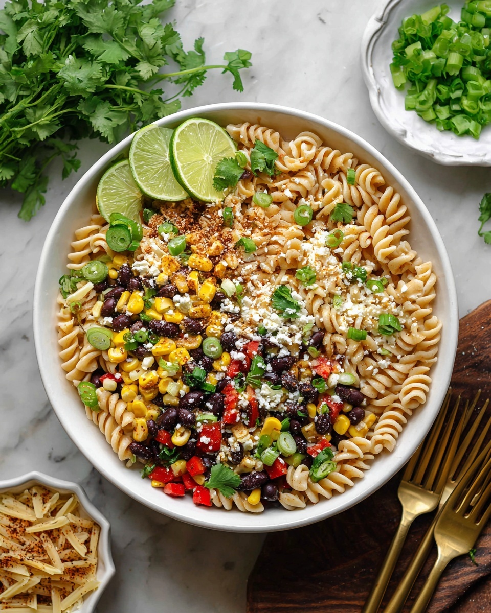 A white bowl filled with three layers: the bottom layer is twisted pasta in a light cream color, the middle layer is a mix of small yellow corn kernels, black beans, and diced red peppers, and the top layer is chopped green onions and small green cilantro leaves scattered all over. There are several lime wedges placed on top, with a sprinkling of white crumbled cheese and reddish-brown spices spread across the dish. The bowl sits on a white marbled surface with a small white dish holding some pasta and green cilantro leaves, and two gold forks nearby. Photo taken with an iphone --ar 4:5 --v 7