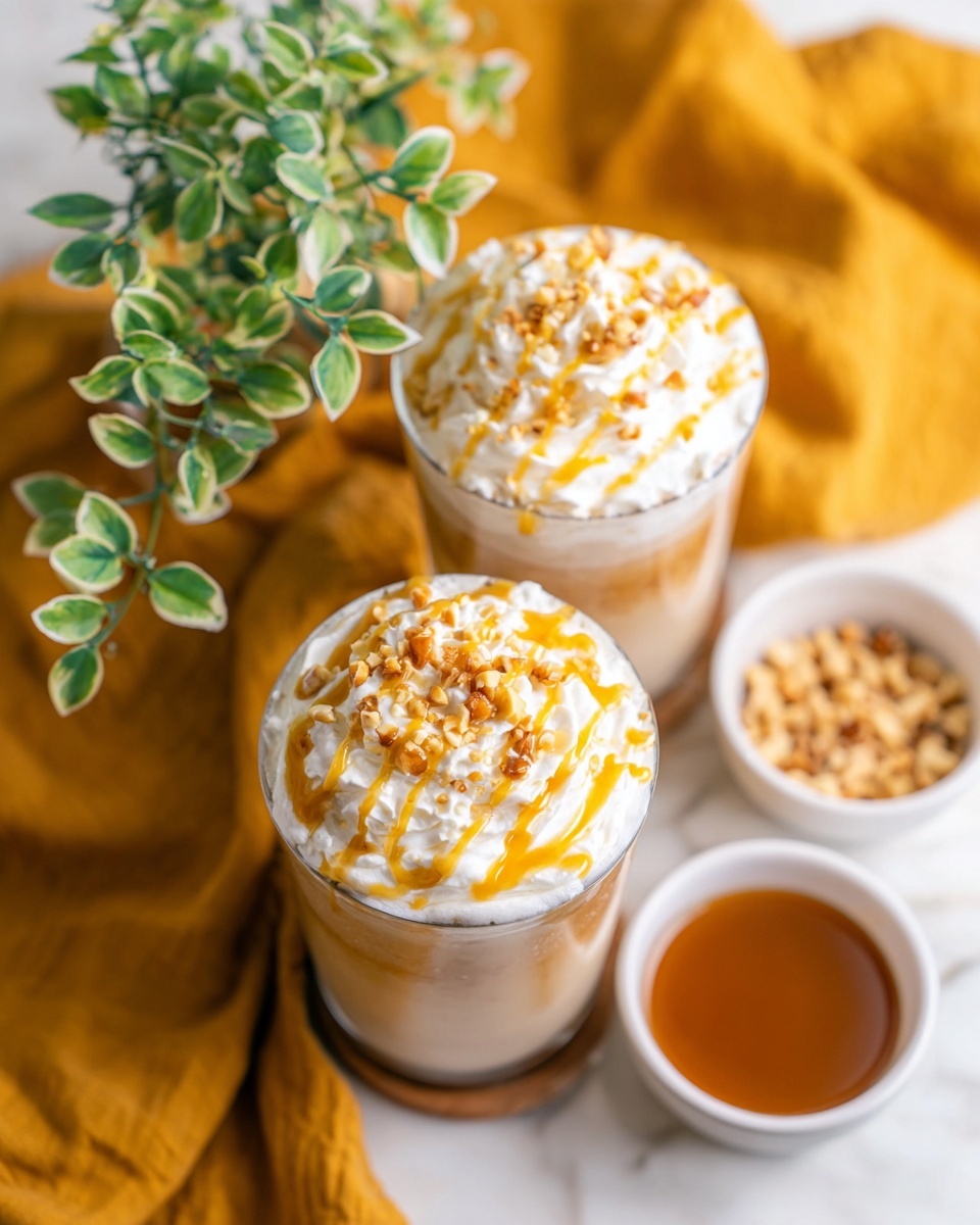 Two clear glasses filled with a light brown drink topped with a thick layer of white whipped cream, drizzled with golden caramel sauce and sprinkled with small light brown nuts. The glasses sit on a white marbled surface, surrounded by a mustard yellow cloth. Behind the glasses, there are two small white bowls, one filled with caramel sauce and the other with chopped nuts. A small green plant with white-edged leaves adds a natural touch in the background. The photo taken with an iphone --ar 4:5 --v 7
