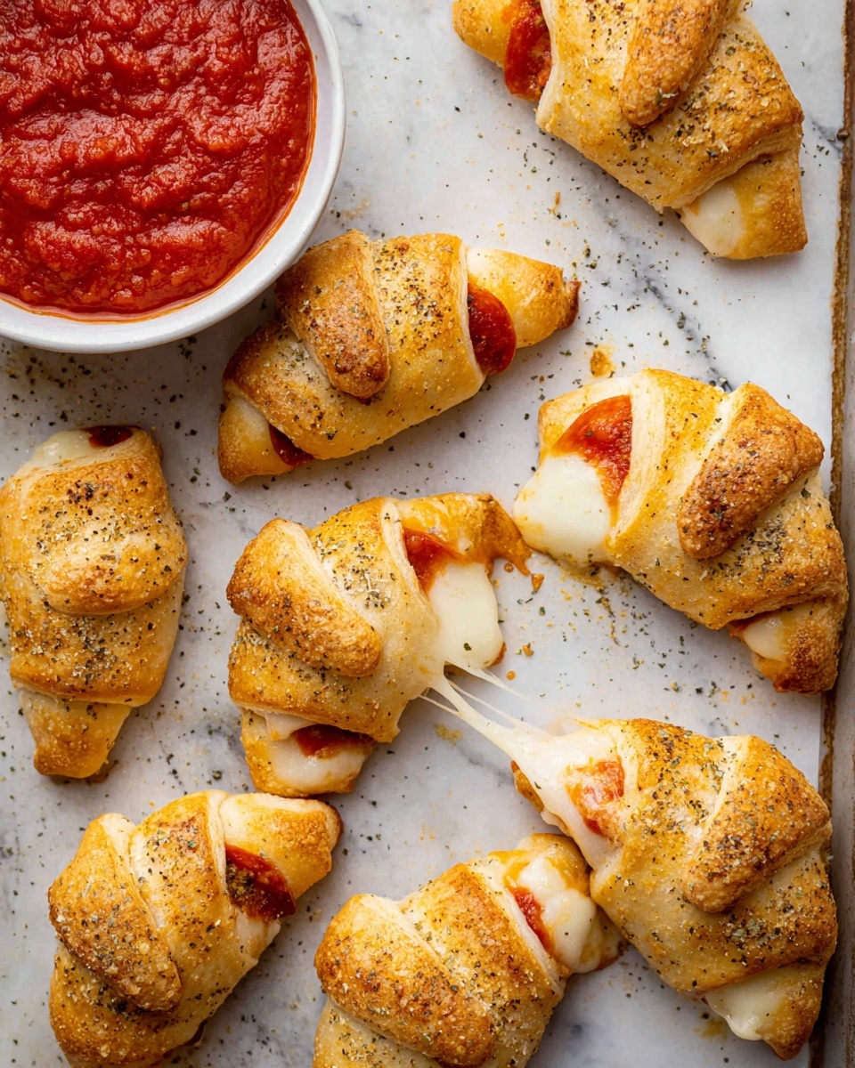 Several crescent rolls filled with melted white cheese and slices of red pepperoni are placed on a baking sheet with a light gray worn texture. The crescent rolls have a golden brown color with seasoning sprinkled on top, some showing cheese stretching or oozing out. One roll is torn open, revealing the melted cheese and pepperoni inside. A white round bowl filled with red dipping sauce sits on the top left corner. The background is a white marbled texture photo taken with an iphone --ar 4:5 --v 7