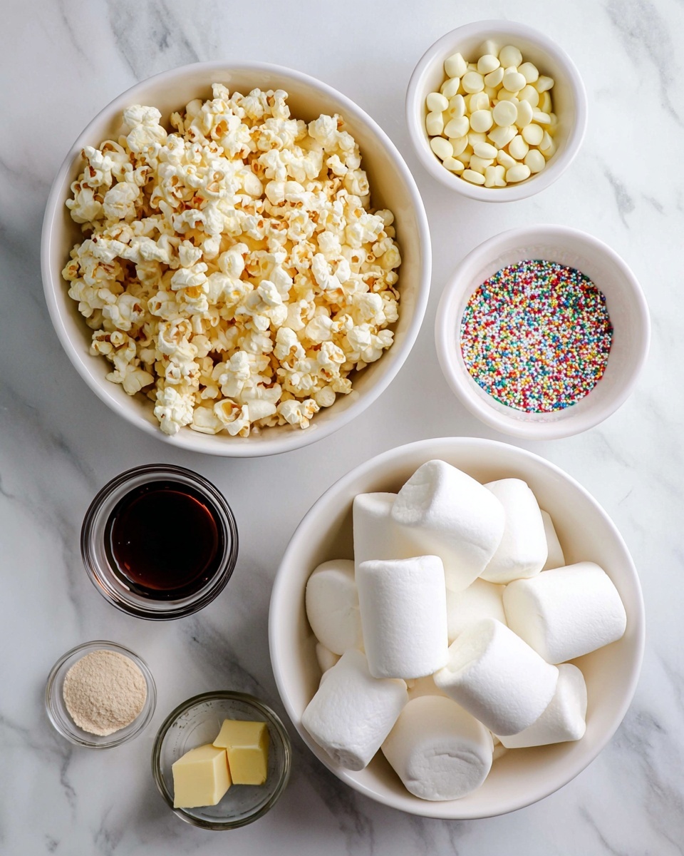The image shows six white bowls and small cups arranged on a white marbled surface. The largest bowl at the top center is filled with light yellow popcorn with a slightly toasted look. Below it to the right, a large bowl contains big, soft white marshmallows. To the top right, a small cup is filled with smooth, pale yellow white chocolate chips, while a smaller cup below it holds colorful round sprinkles. In the center right is a small clear glass cup filled with dark brown vanilla extract. On the bottom left, a small bowl contains a few chunks of pale yellow butter, and beside it is a small scoop of light beige powder. The scene is brightly lit, clear, and simple. Photo taken with an iphone --ar 4:5 --v 7