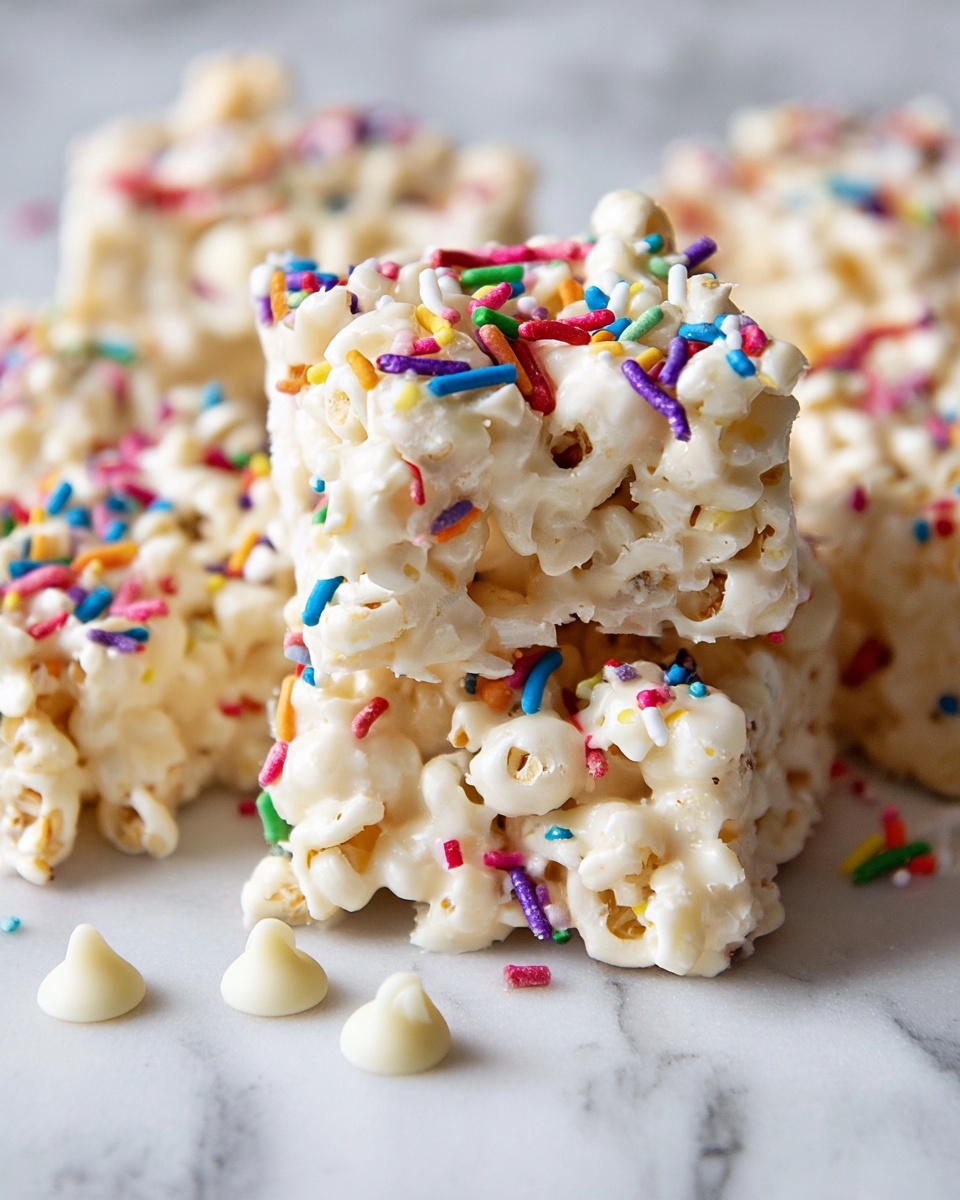 A close-up view of several square white chocolate popcorn treats, each made of puffed popcorn coated in thick, shiny white chocolate, stacked and touching each other. The popcorn pieces are covered with small, colorful, cylindrical sprinkles in red, blue, green, yellow, purple, and pink scattered on top and around them. A few white chocolate chips are visible at the bottom near the treats. The scene is set on a white marbled surface that adds a smooth textured background to the image. photo taken with an iphone --ar 4:5 --v 7