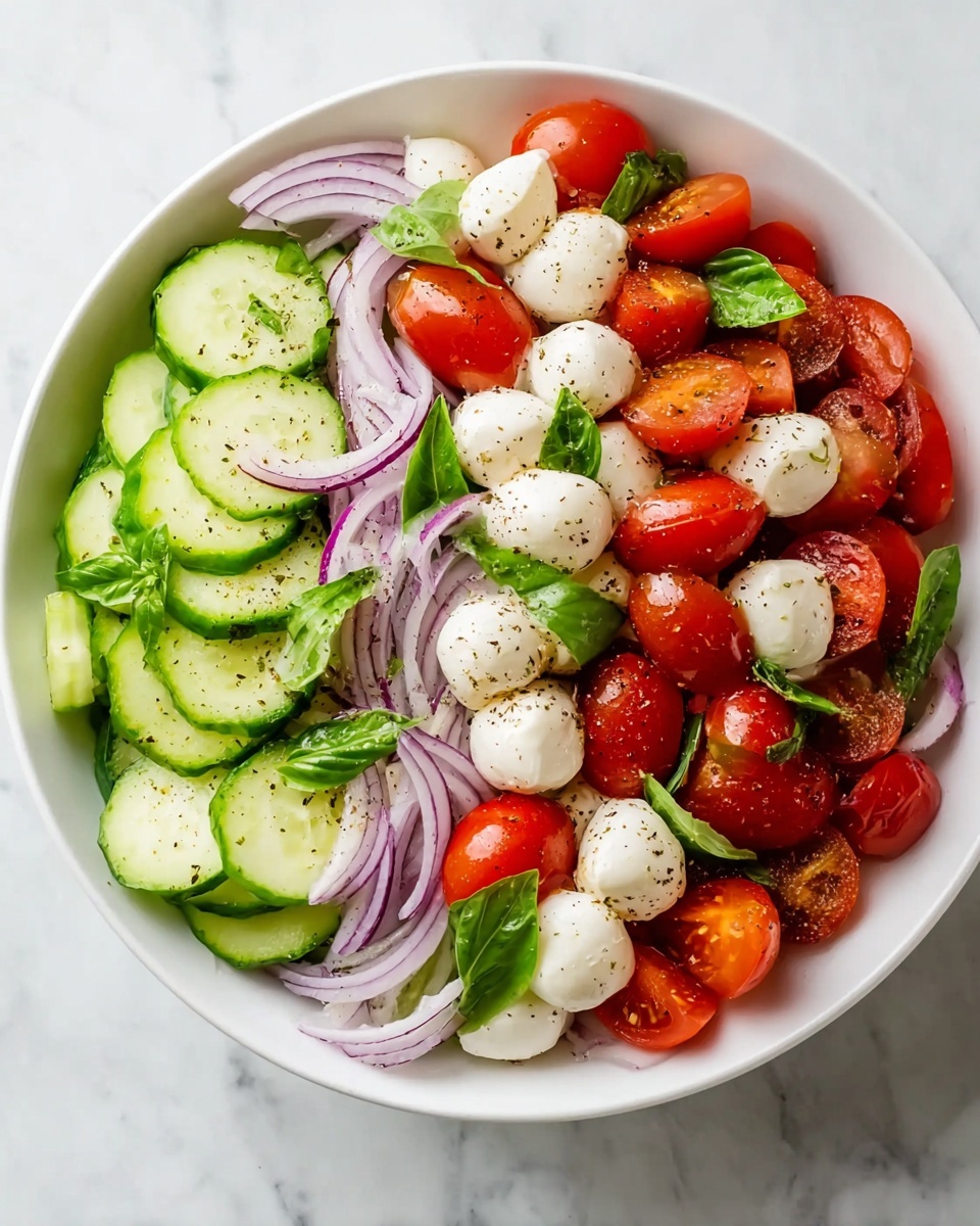 A white bowl filled with a fresh salad featuring three main layers: the bottom layer has thin slices of light purple onion, the middle layer is made of bright green cucumber slices with a slightly bumpy texture, and the top layer includes halved red cherry tomatoes and small white mozzarella balls. The salad is sprinkled with cracked black pepper and garnished with a few dark green basil leaves, sitting on a white marbled surface. photo taken with an iphone --ar 4:5 --v 7