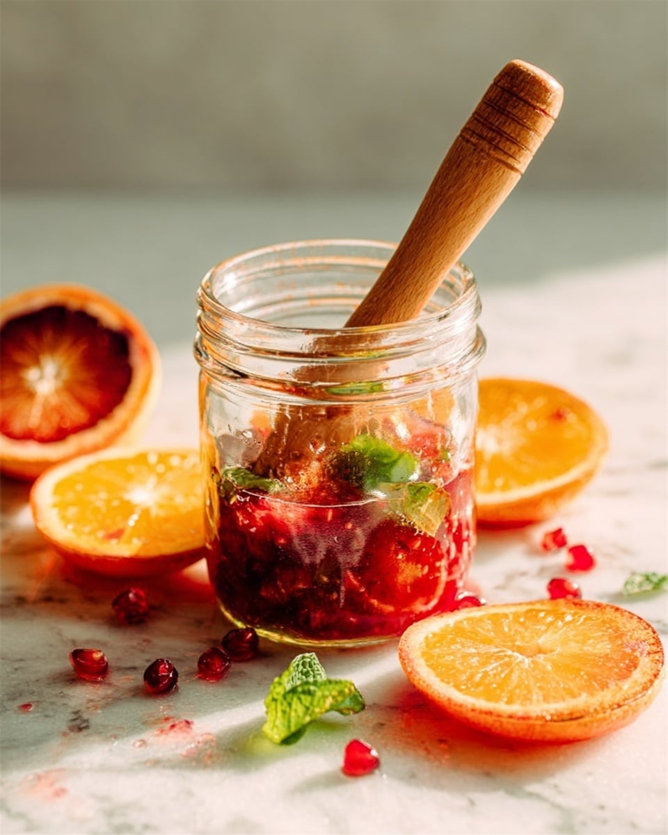 A clear glass jar filled with crushed red fruit and green leaves inside, with a wooden muddler pressing down in the jar. Around the jar on a white marbled surface are bright orange slices and a few small red berries scattered nearby. The sunlight softly lights the scene, highlighting the textures of the muddled fruit and the wooden tool. Photo taken with an iphone --ar 4:5 --v 7