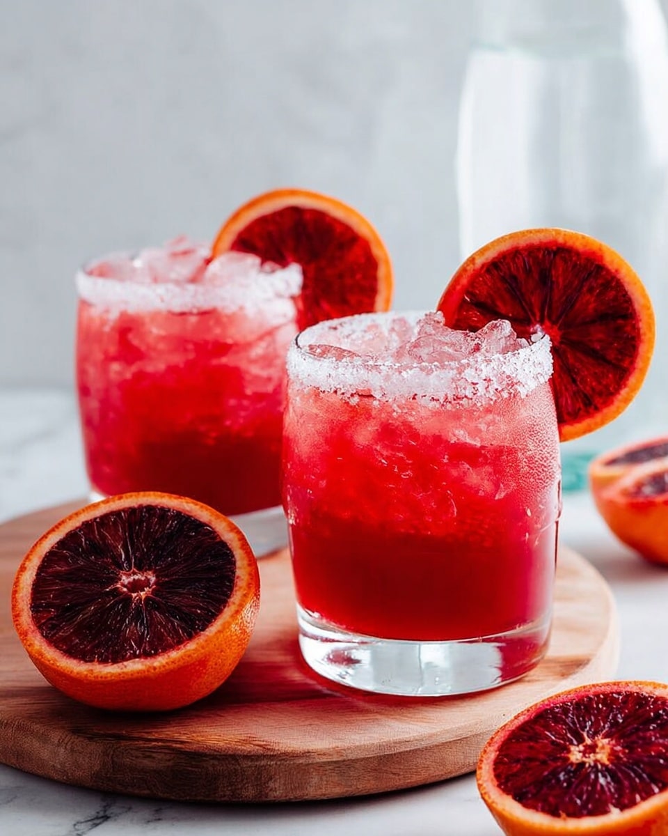 There are two short clear glasses filled with red iced drinks, with ice cubes visible inside. Each glass has a salted rim on one side and a slice of deep red blood orange placed on the rim. The glasses sit on a small round wooden board. In front of the board, two halves of a blood orange show the dark red inside with a textured orange peel on the outside. The background and surface are white with a marbled texture, and a clear tall water jug is blurred in the back. photo taken with an iphone --ar 4:5 --v 7
