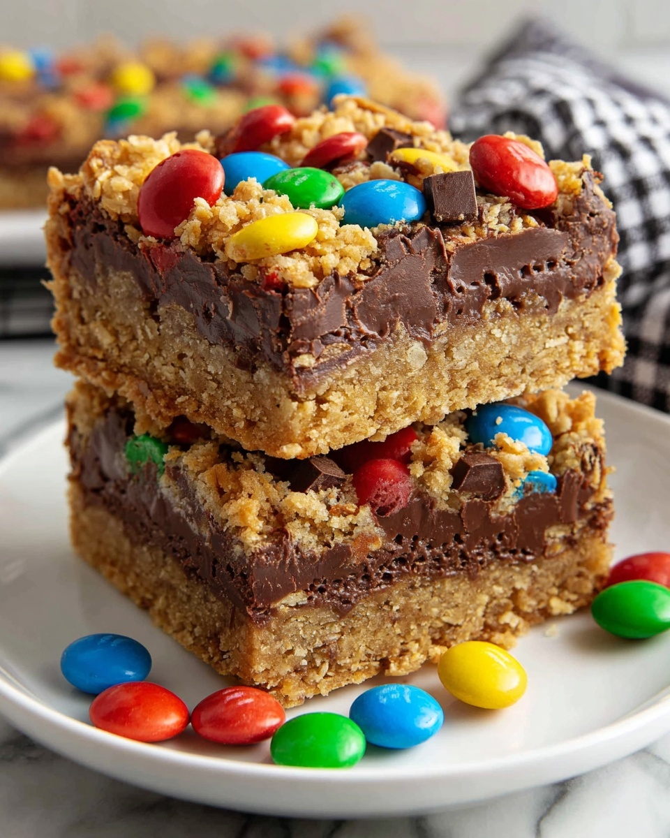 The image shows two thick bars stacked on a white plate, both bars featuring three visible layers. The bottom and top layers are golden brown and crumbly, made of oat-like textured crust. The middle layer is thick, dark brown, and smooth chocolate filling. Scattered brightly colored candy-coated chocolates, in red, blue, green, yellow, and orange, top the bars and surround the plate. The bars look dense and rich, with some cracked candies showing chocolate inside. The background has a white marbled texture along with a blurred checkered cloth. photo taken with an iphone --ar 4:5 --v 7