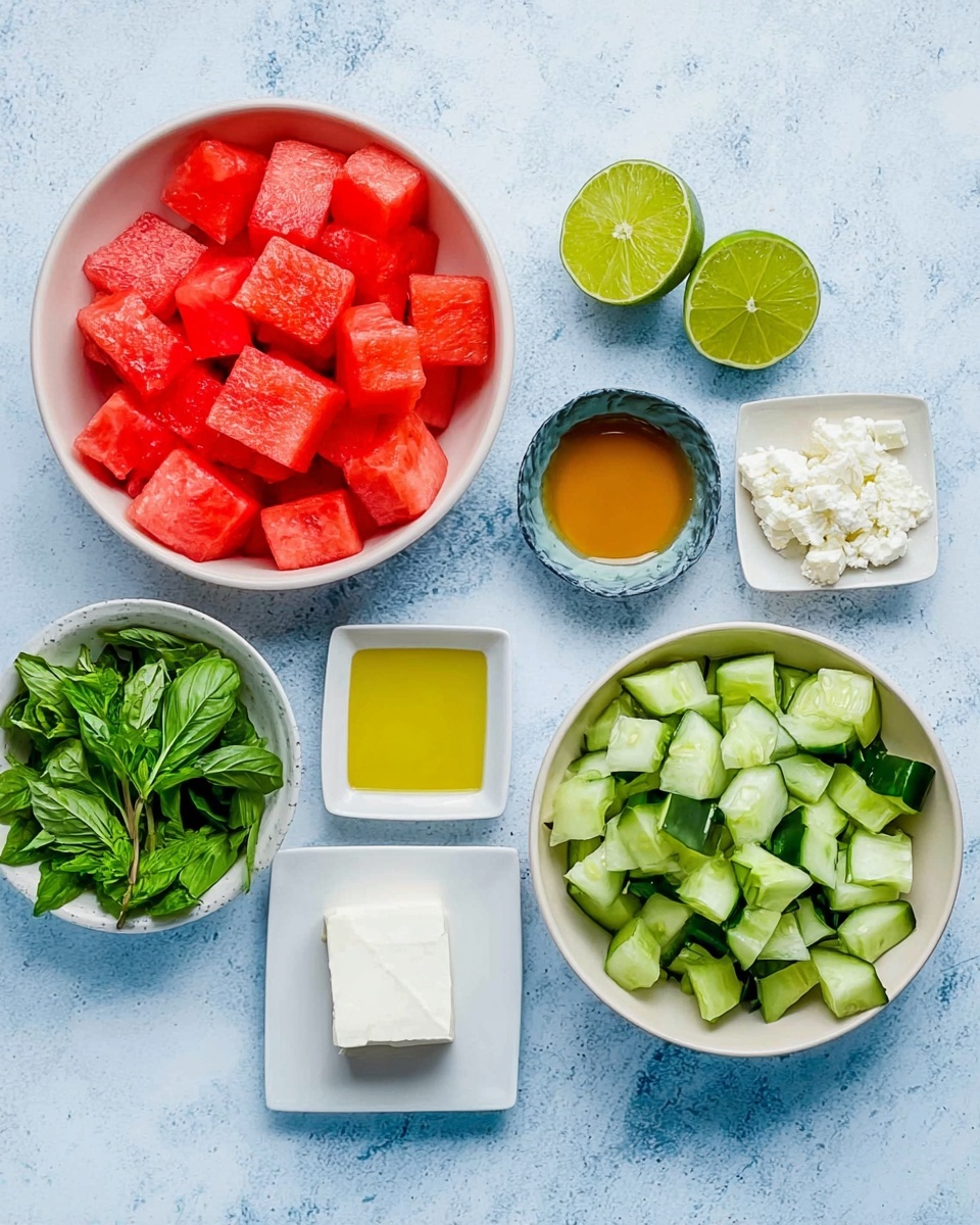 A set of seven white bowls and plates arranged on a white marbled surface, each containing different fresh ingredients. The top left bowl is filled with bright red watermelon cubes, each piece slightly shiny and juicy. To the right is a halved lime showing its light green inside, below that is a small bowl with golden olive oil, next to it a square bowl of light brown honey, and lastly, an empty small square white bowl. At the bottom left, there is a small white plate with green basil and mint leaves, next to it another small white plate with a white block of feta cheese. On the right, a medium white bowl contains chopped cucumber pieces that are vibrant green with a mix of light and dark shades. Photo taken with an iphone --ar 4:5 --v 7