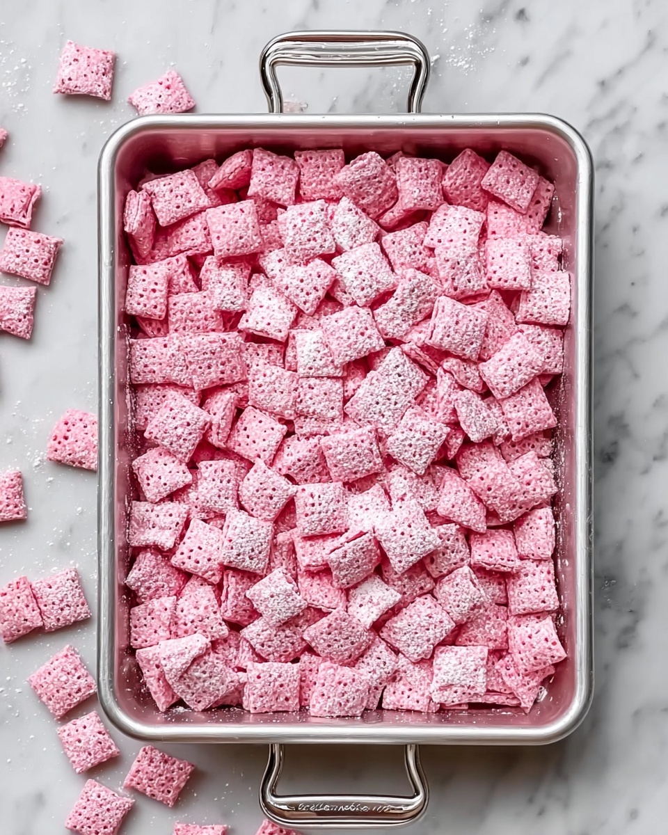 A silver rectangular baking pan filled with one thick layer of numerous small, square pink cereal pieces, each textured with tiny holes and dusted with white powder evenly over the top. Some cereal pieces are scattered just outside the pan on a white marbled surface. The cereal pieces have a soft, slightly rough texture, and the pan has metal handles on both short sides. photo taken with an iphone --ar 4:5 --v 7