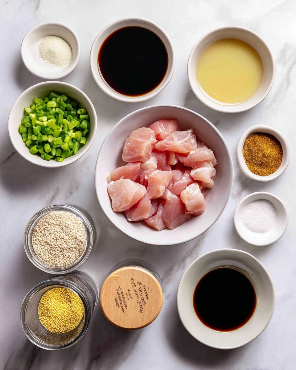 The image shows nine small white bowls and two small spice jars arranged neatly on a white marbled surface. The center bowl is filled with pink raw chicken chunks, surrounded by other bowls with green chopped spring onions, dark brown soy sauce, light brown broth, light beige liquid, white powder, and a small bowl with three parts of minced garlic, brown sauce, and finely grated yellow ginger. The two spice jars at the bottom left contain sesame seeds and garlic powder, both with wooden lids. photo taken with an iphone --ar 4:5 --v 7