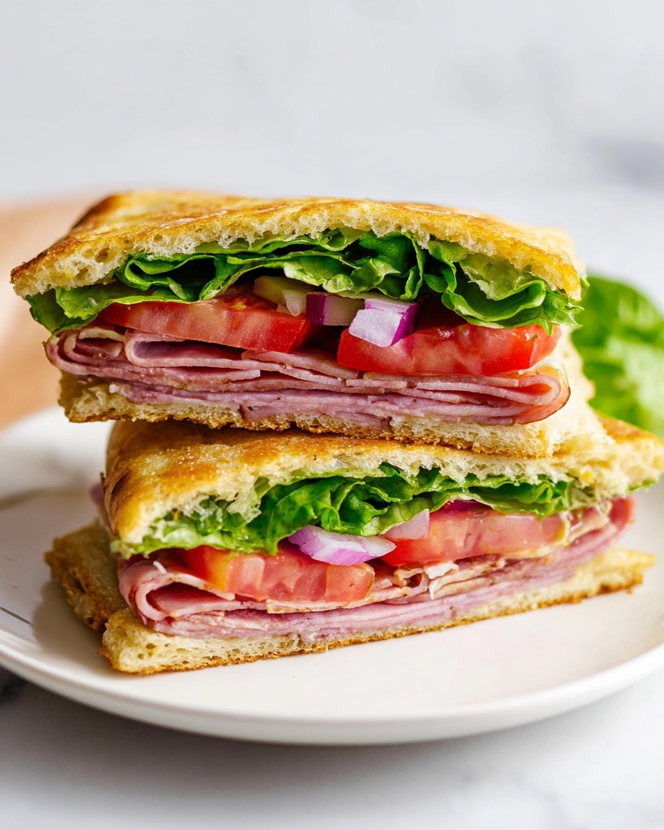 The image shows a sandwich cut in half and stacked on a white plate with a white marbled surface underneath. The sandwich has two layers of golden toasted flatbread with a slightly crispy texture. Between the layers, there is bright green leafy lettuce, thick slices of red tomato, thin slices of pink deli meat, and small pieces of light purple onion, all stacked evenly. The colors are fresh and vibrant, and the sandwich looks well-packed and tasty. photo taken with an iphone --ar 4:5 --v 7
