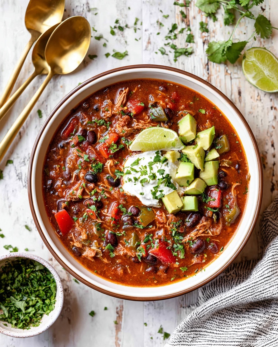 A deep bowl filled with a thick stew made of reddish-brown sauce with visible black beans, shredded pieces of light brown meat, and chopped red and green peppers. On top, there is a small dollop of white cream, small green cubes of avocado, a bright green lime wedge, and a sprinkle of finely chopped fresh green herbs. The bowl is white with a thin brown rim, placed on a white marbled textured surface with some scattered green herb leaves around. Nearby are three golden spoons stacked together and a white bowl with more green herbs. A striped cloth napkin is partly seen on the bottom right. photo taken with an iphone --ar 4:5 --v 7