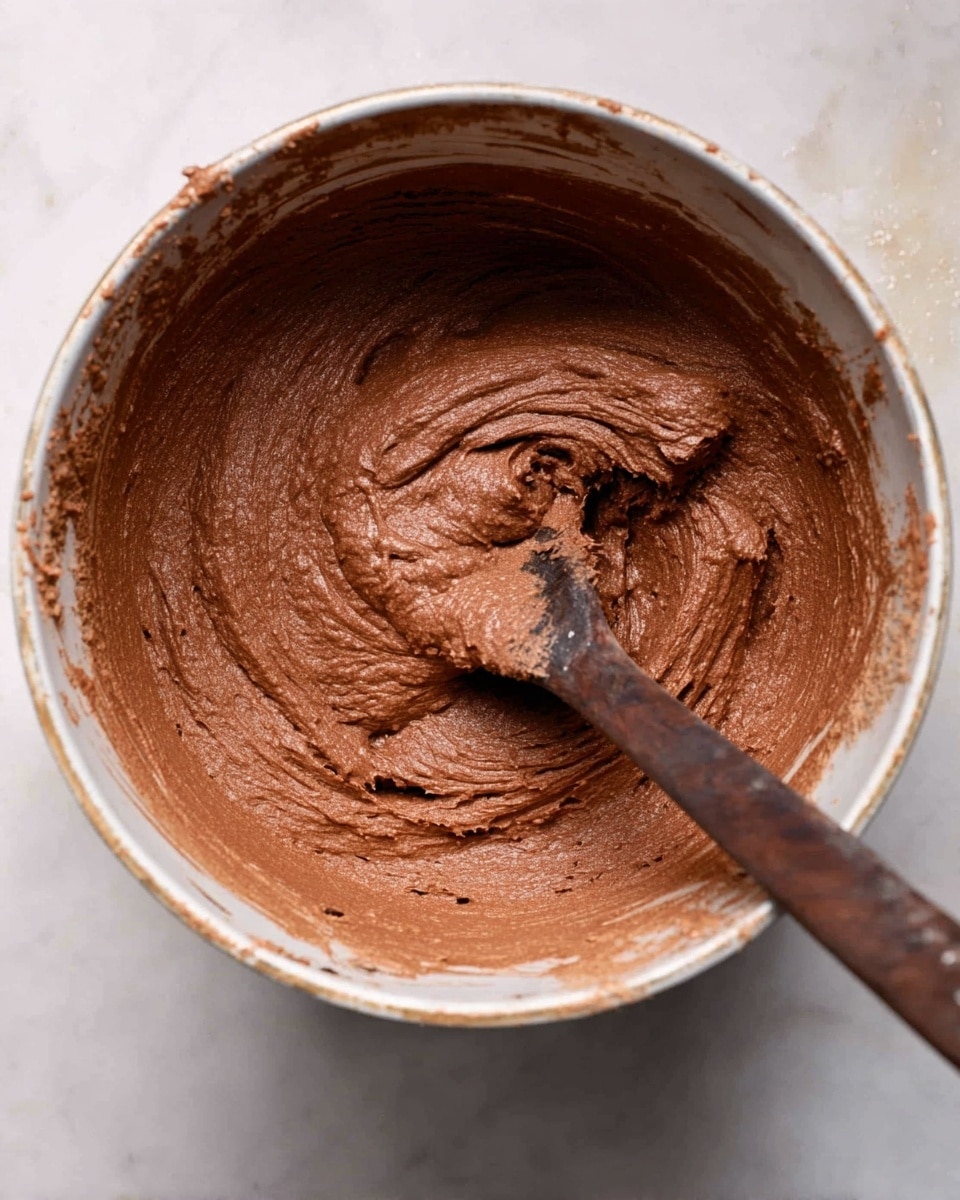 The image shows a white metal bowl filled with a thick chocolate batter with a smooth but slightly rough texture. A wooden spoon with a dark handle is partially dipped in the batter, resting inside the bowl. The bowl is placed on a white marbled surface with some bits of batter sticking to the side. The lighting highlights the rich brown color and creamy consistency of the mixture. photo taken with an iphone --ar 4:5 --v 7
