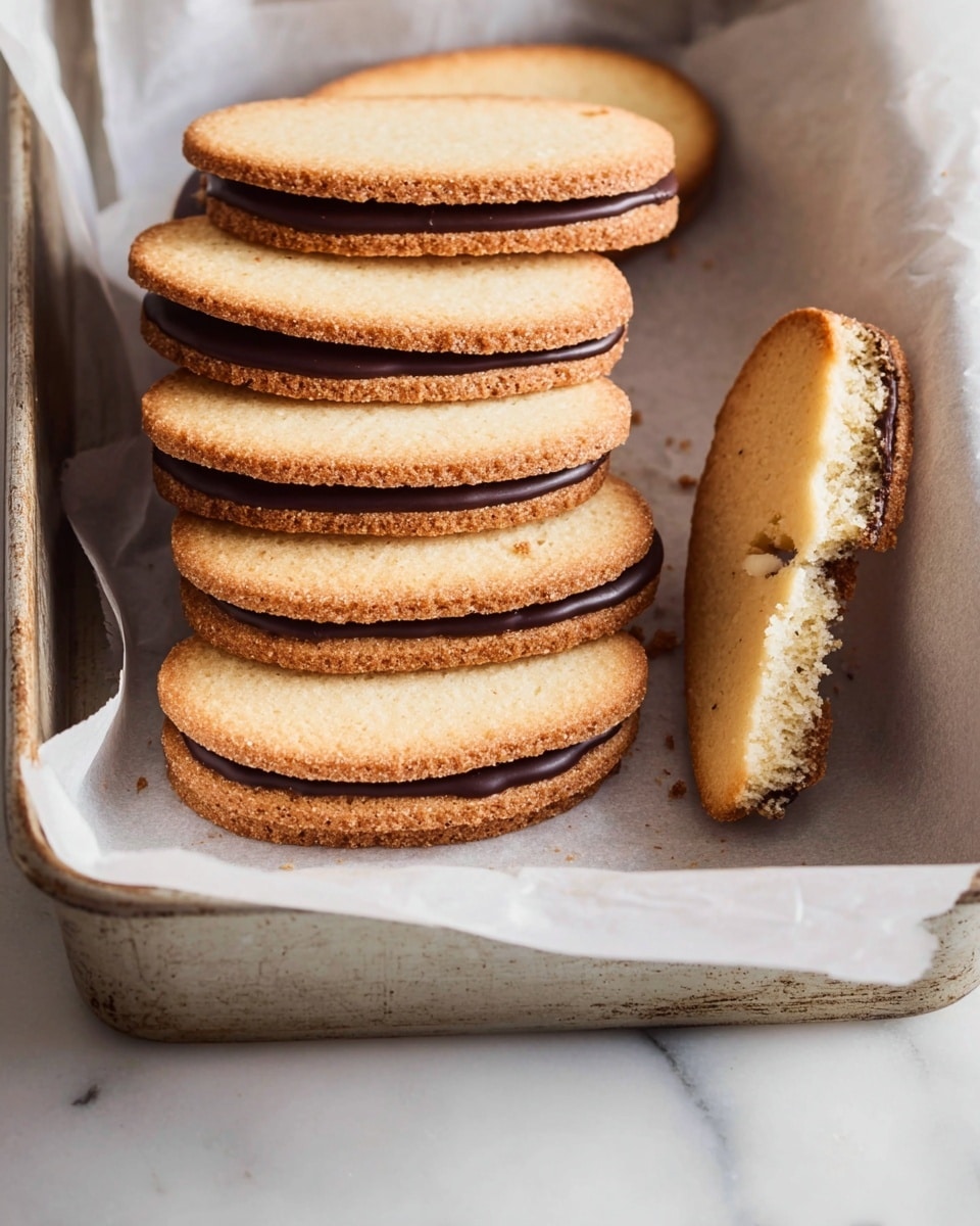 Several thin, oval-shaped cookies are stacked neatly in two piles on parchment paper inside a metal baking tray. Each cookie has two layers: a golden-brown, slightly toasted upper layer and a dark, smooth chocolate bottom layer. One cookie at the top of the tray is broken into two pieces, showing the inner texture clearly. The tray rests on a white marbled surface. photo taken with an iphone --ar 4:5 --v 7