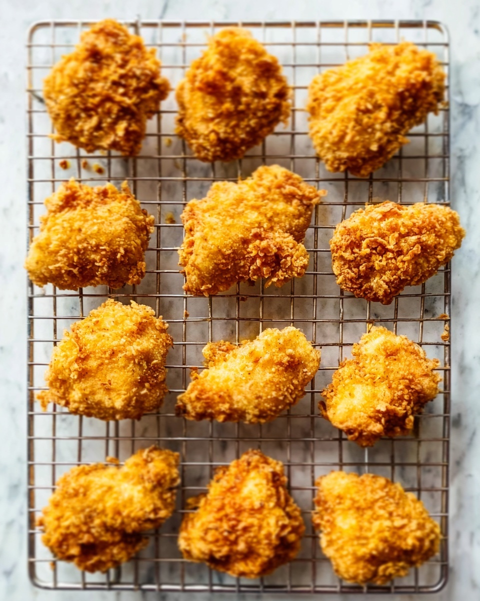 The image shows a wire rack with eleven golden-brown crispy fried chicken pieces arranged across it. Each piece has a crunchy, textured coating with various small bumps and uneven surfaces, indicating a well-fried crust. The wire rack has silver metal bars forming a grid pattern, and it sits on a white marbled surface. The lighting highlights the crispy texture and warm color of the chicken pieces. Photo taken with an iphone --ar 4:5 --v 7
