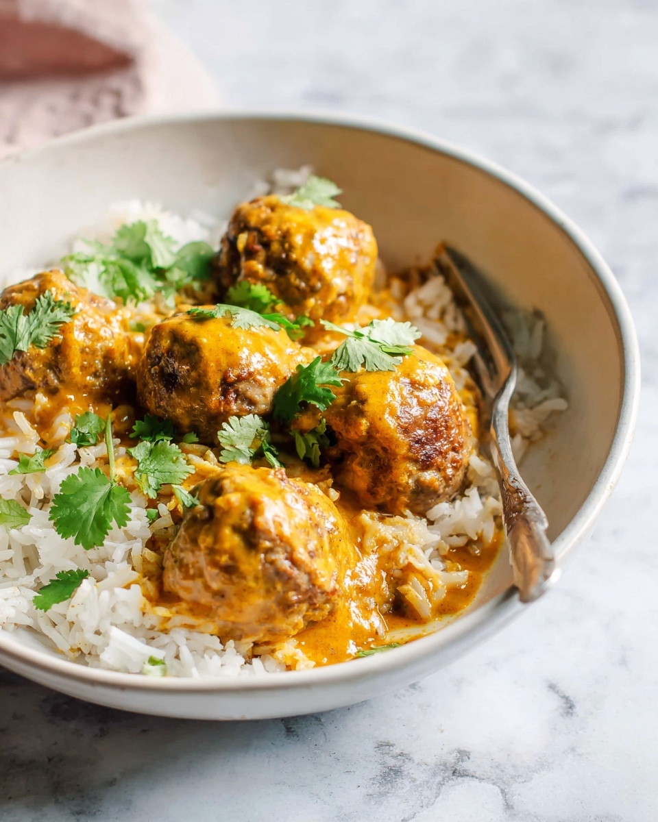 A white bowl holds a bed of fluffy white rice as the base layer, soft and slightly separated. On top, there are five brown meatballs with a textured surface, covered with a thick orange-yellow sauce that has a creamy texture. Small green cilantro leaves are scattered over the meatballs and rice, adding fresh color contrast. A silver fork rests inside the bowl on the right side, partially under the rice and sauce. The background is a white marbled surface, and there is a soft natural light illuminating the bowl. photo taken with an iphone --ar 4:5 --v 7