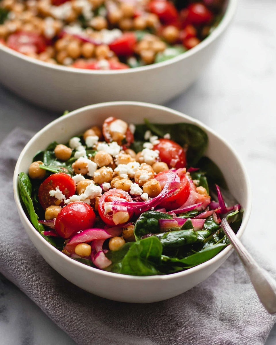 A close-up image of a white bowl filled with a colorful salad showing three main layers: the bottom layer is bright green spinach leaves with a fresh, slightly wrinkled texture, the middle layer includes beige chickpeas and halved red cherry tomatoes scattered evenly, and the top layer is sprinkled with small chunks of white feta cheese and thin slices of reddish-purple onions. A silver spoon is partly inside the bowl on the right side. In the background, there is a larger white bowl with the same salad, slightly out of focus, placed on a light gray cloth over a white marbled surface. photo taken with an iphone --ar 4:5 --v 7