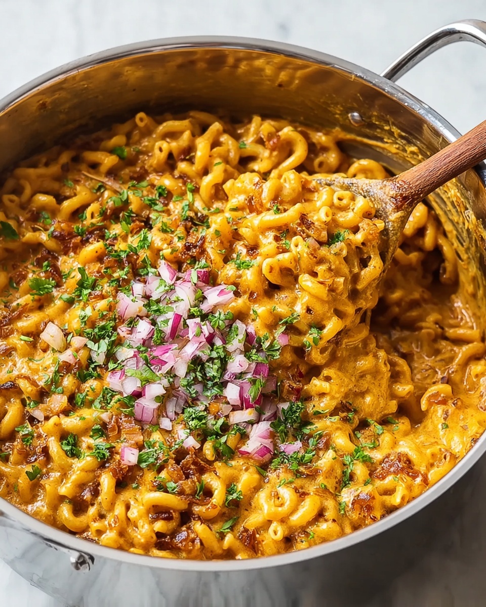 The image shows a large silver pot filled with curved pasta in a thick, creamy orange sauce. The pasta is evenly mixed with small bits of browned onions and herbs, giving a speckled look. On top, a layer of finely chopped red onions and green herbs is spread, adding a fresh contrast in color. A wooden spoon is lifting some pasta out of the pot, showing the creamy texture coated all over the pasta. The pot is placed on a white marbled surface. Photo taken with an iphone --ar 4:5 --v 7