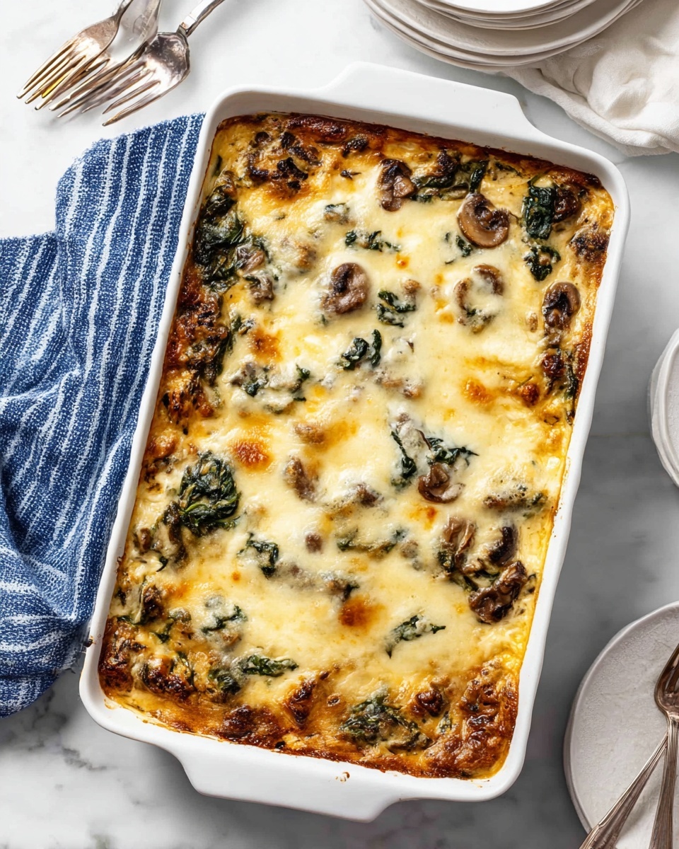 A white rectangular baking dish filled with a baked dish showing one clear layer of melted golden cheese on top, mixed with small dark green spinach leaves and slices of brown mushrooms peeking through; the cheese has a bubbly texture with some browned spots, and around the edges, some browned cheese and sauce have caramelized against the dish’s sides. The dish sits on a white marbled surface with a blue-striped cloth to the upper left and a few silver forks and white plates nearby for serving. Photo taken with an iphone --ar 4:5 --v 7