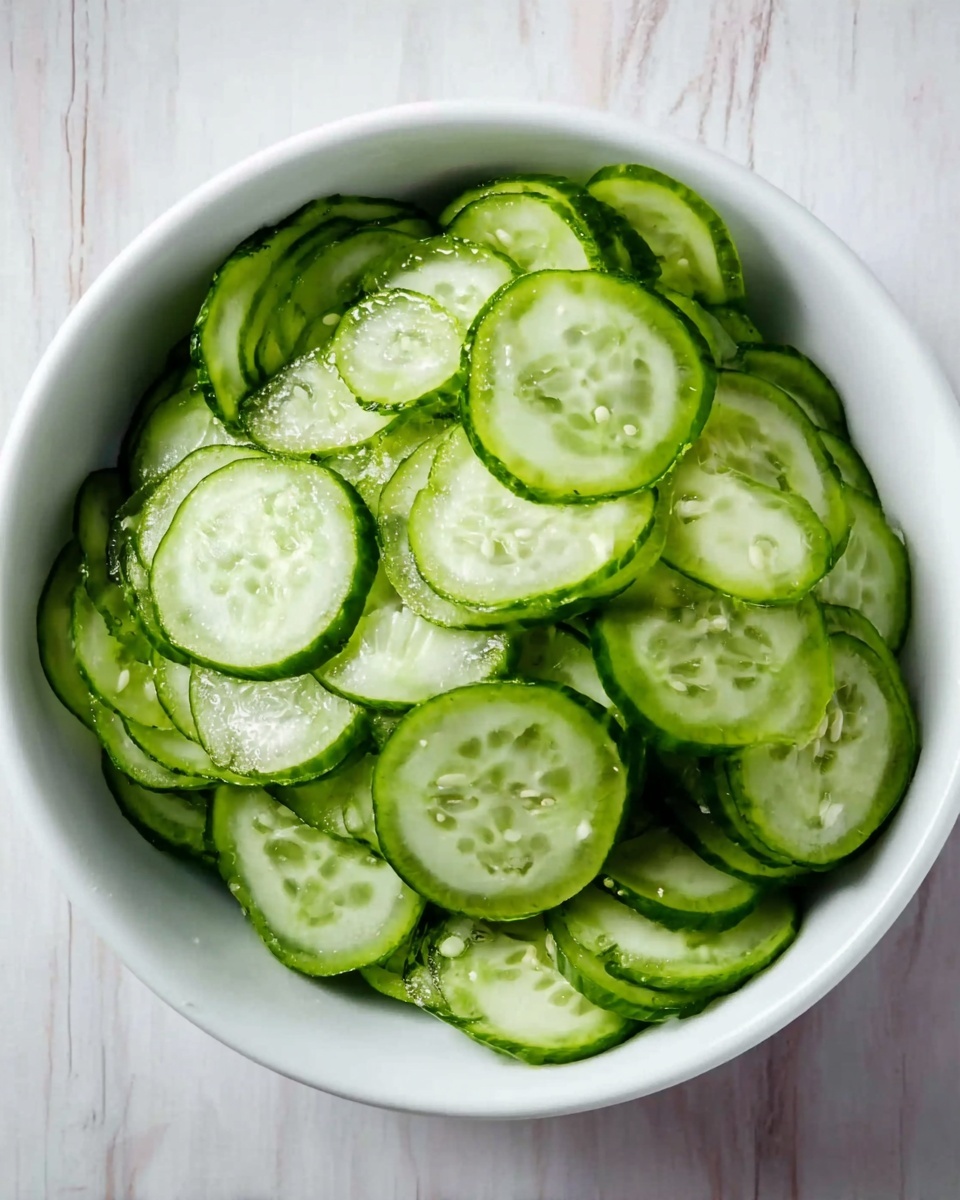 A white bowl is filled with many thin, round slices of cucumber. The cucumber slices show a light green inside with small seeds and a darker green, textured skin around the edges. The slices are layered unevenly, overlapping each other in a slightly messy way. The bowl sits on a white marbled surface. photo taken with an iphone --ar 4:5 --v 7