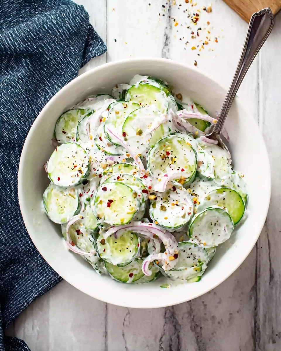A white bowl filled with a salad made of thinly sliced round cucumber pieces and thin red onion strips, all coated in a creamy white dressing with specks of black pepper and red chili flakes sprinkled on top. A silver spoon rests inside the bowl, partially inserted into the salad. The bowl sits on a white marbled surface with a folded dark blue cloth nearby and some scattered seeds or seasoning to the side. photo taken with an iphone --ar 4:5 --v 7