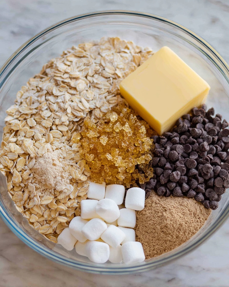 A clear glass bowl holds eight visible layers of ingredients arranged in sections. Starting from the top right is a square piece of pale yellow butter, next to small white marshmallows. Below the marshmallows are light brown crunchy rice cereal pieces. To the bottom right are dark brown mini chocolate chips. Moving left, there is a sticky golden syrup layer overlapping some of the chocolate chips. Above the syrup is a round, light brown powder mound. At the top left are beige rolled oats, and below the oats is another round, darker brown powder. The bowl sits on a white marbled surface. photo taken with an iphone --ar 4:5 --v 7