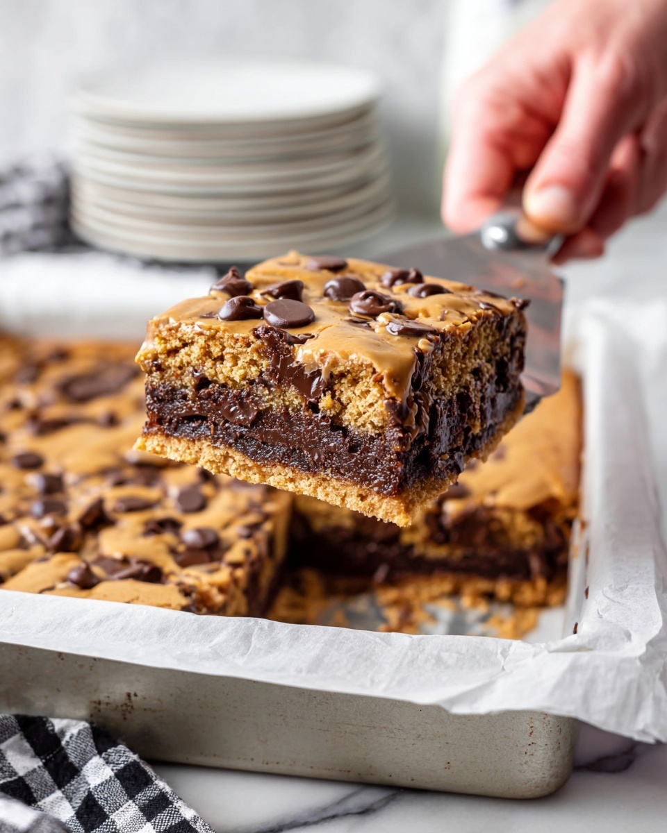 A close-up of a thick square piece of layered dessert being lifted with a spatula by a woman's hand, showing a chewy golden brown top layer with chocolate chips and a dense, dark melted chocolate layer beneath it, all sitting in a white pan lined with parchment paper on a white marbled surface with a blurred checkered cloth and stacked white plates in the background, photo taken with an iphone --ar 4:5 --v 7