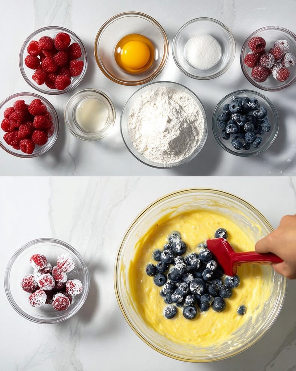 The image shows two parts: on the left are seven small clear glass bowls arranged neatly on a white marbled surface, each holding one ingredient - red raspberries, a raw egg yolk in liquid, white cream, amber vanilla extract, white flour with salt, white sugar, and fresh blueberries. On the right side, a large clear glass bowl holds thick yellow batter with fresh blueberries on top and some red berries dusted with white powder in a small clear bowl nearby. A woman's hand can be seen holding a spatula with a red silicone head mixing the blueberries into the batter. The setting has a clean, bright look with the white marbled surface. photo taken with an iphone --ar 4:5 --v 7