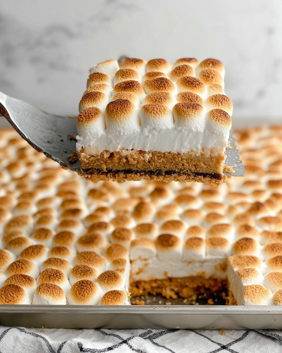 A square piece of dessert with three clear layers is being lifted by a metal spatula from a baking tray. The bottom layer is a crumbly golden-brown crust, the middle layer is a smooth white filling, and the top layer consists of many small toasted marshmallows, golden and slightly browned on top. The tray below shows a large section of the dessert with the same toasted marshmallow layer. The whole scene is set on a white marbled surface with a white and black checked cloth partially visible. photo taken with an iphone --ar 4:5 --v 7