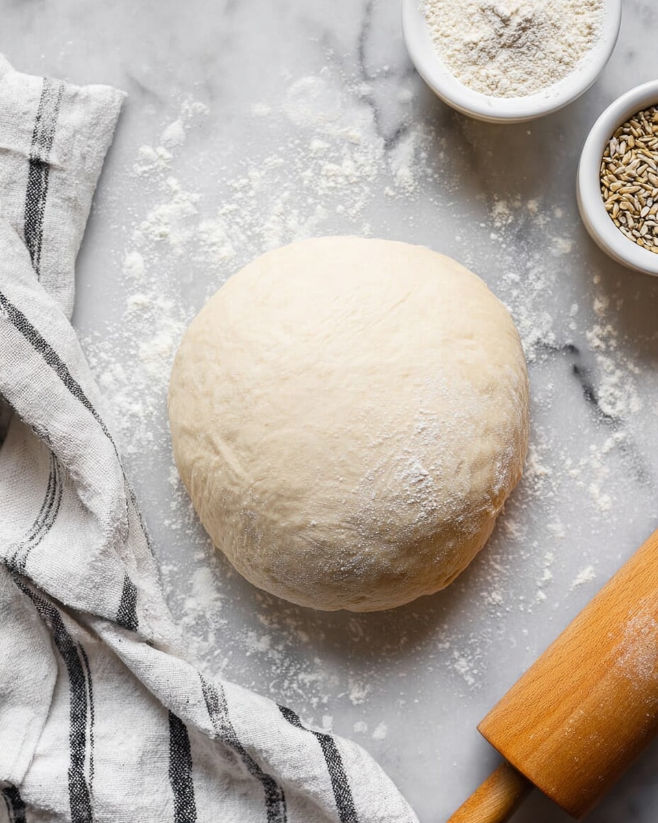 The image shows a smooth, round dough ball resting on a white marbled surface, dusted lightly with flour. To the right side, a wooden rolling pin is partially visible, and the top right corner has two white bowls filled with flour and seeds. On the left edge, a white cloth with black stripes is slightly crumpled. The dough has a soft, pale beige texture with small patches of flour scattered on its surface photo taken with an iphone --ar 4:5 --v 7