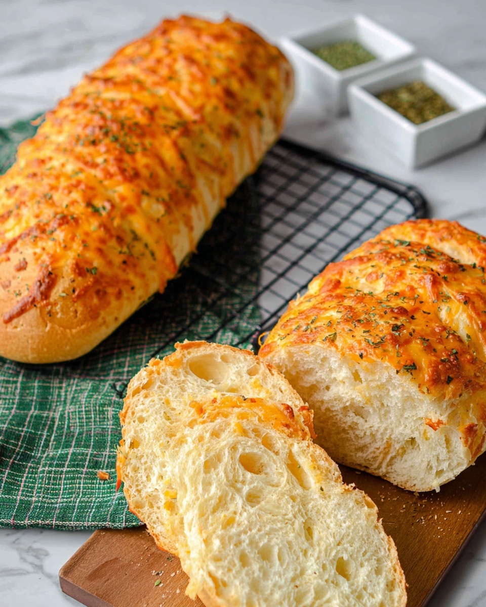 The image shows two long loaves of cheese bread with a golden orange melted cheese layer on top, textured with small herbs sprinkled over it. One loaf is whole, placed on a black wire rack with a green checkered cloth below. The other loaf is sliced open, displayed on a wooden board, revealing a soft, pale inside with visible air holes. The scene is set on a white marbled surface with small square white dishes containing herbs in the background. photo taken with an iphone --ar 4:5 --v 7