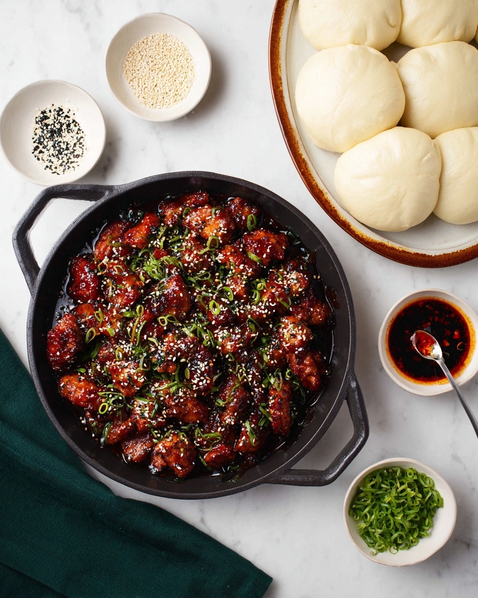 A black pan filled with many small pieces of dark brown, glossy glazed chicken topped with white sesame seeds and green chopped chives. To the right, a round white plate with seven smooth white steamed buns stacked slightly overlapping. Around the pan and plate, there are small white dishes: one with white and black sesame seeds, one with bright green chopped chives, and one with a dark red sauce with a small spoon inside. The whole scene is set on a white marbled surface with a dark green cloth at the bottom left corner. Photo taken with an iphone --ar 4:5 --v 7