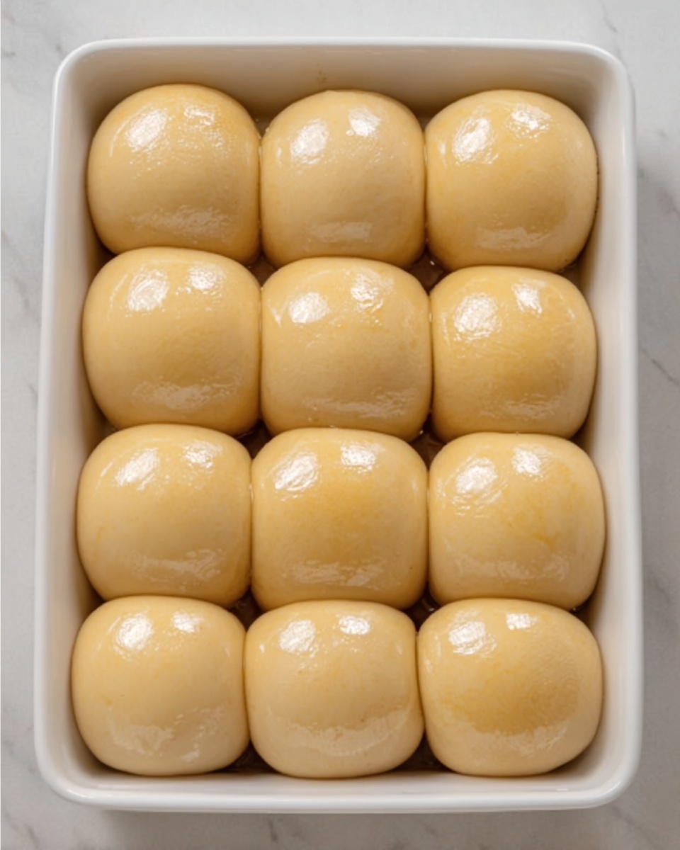 The image shows a white square baking dish filled with fifteen evenly sized dough balls arranged in three rows of five. The dough balls have a smooth, shiny surface with a light golden tan color, giving them a soft and slightly glossy look. Each ball is touching the next, forming a neat grid pattern with subtle rounded edges. The background is a white marbled texture. Photo taken with an iphone --ar 4:5 --v 7