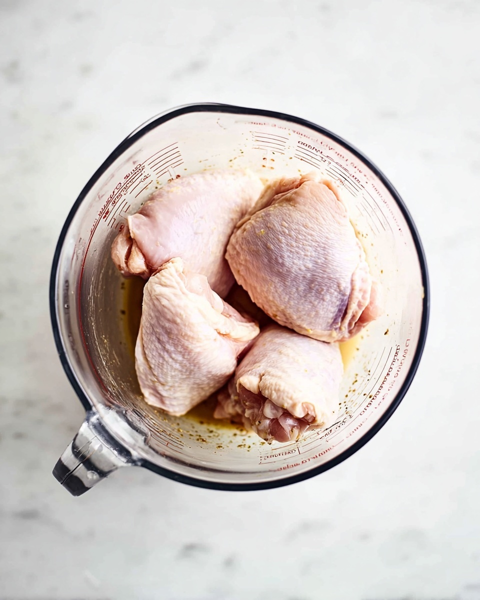 A clear glass measuring cup sits on a white marbled surface, holding four pieces of raw chicken thighs with pale pink skin and smooth texture. The pieces are arranged closely together inside the cup, which shows measurement markings on the side. There is a small amount of light brown seasoning or sauce settled at the bottom of the cup under the chicken. The scene is simple and clean, focusing on the raw chicken in the measuring cup. photo taken with an iphone --ar 4:5 --v 7