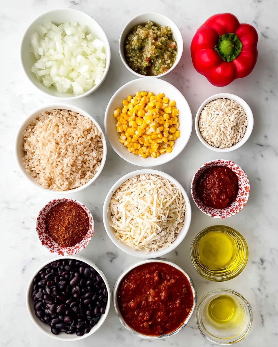 A top view shows an arrangement of eleven small white bowls on a white marbled surface. The bowls contain different ingredients: chopped white onions in one, chunky green salsa in one, a whole red bell pepper beside them, yellow corn kernels in one, shredded white cheese in another, light brown cooked rice, shredded white chicken meat, black beans, a red seasoning mix in a small patterned bowl, a thick red paste in a small glass bowl, and clear yellow oil in a small glass bowl. Each ingredient is clearly visible with distinct colors and textures, placed neatly apart from each other. Photo taken with an iphone --ar 4:5 --v 7