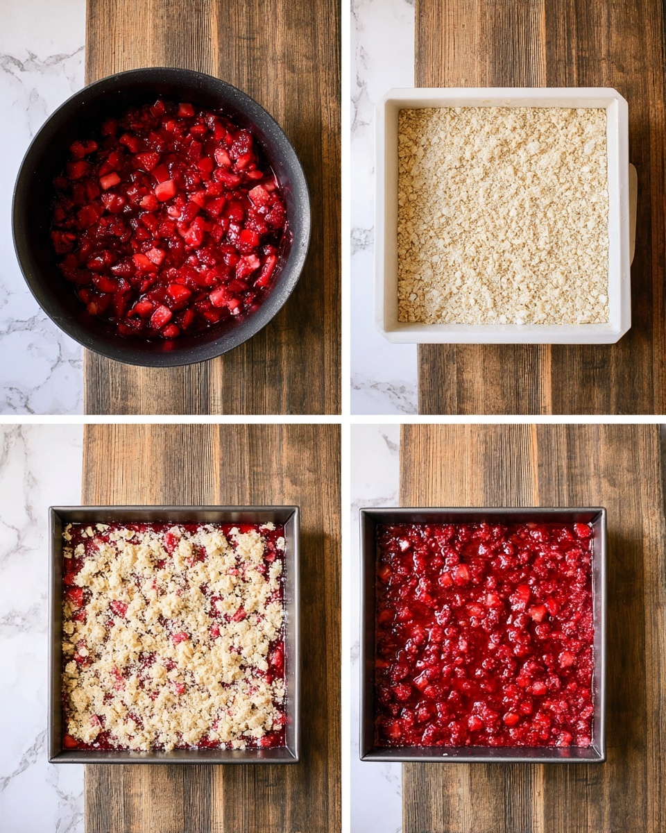 The first image shows a black pan filled with a bright red fruit mixture, made of small, diced pieces with a juicy and slightly thick texture. The second image displays a white square baking pan filled with a flat, even layer of pale, crumbly oat mixture. The third image shows the fruit mixture spread evenly in the white square baking pan, covering the oat base completely, with a juicy red texture. The fourth image has a top layer added on the fruit, consisting of uneven clusters of a pale crumbly oat topping, contrasting with the bright red fruit beneath, all placed on a wooden surface with a white marbled texture. Photo taken with an iphone --ar 4:5 --v 7