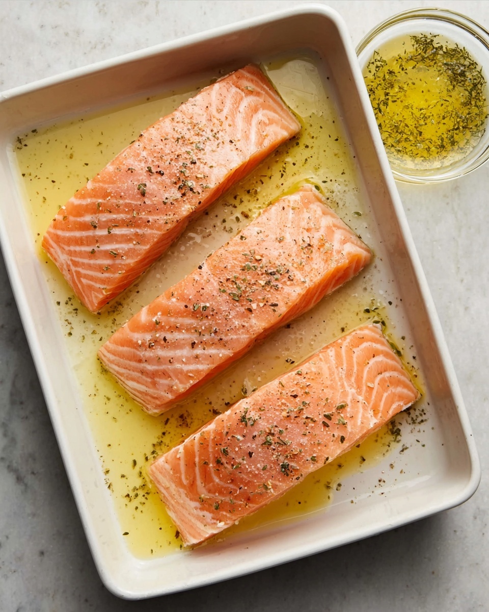 The image shows three pieces of raw salmon fillets arranged side by side in a rectangular white baking dish. Each salmon fillet is light orange with visible fat lines and a slightly shiny, moist texture. The fillets are sprinkled lightly with black pepper and herbs. The baking dish contains a layer of light yellow olive oil at the bottom, slightly pooling around the fish. To the right of the dish, there is a small glass bowl with more olive oil, showing a smooth liquid surface with a sprinkle of herbs floating on top. The surface beneath everything is a white marbled texture. photo taken with an iphone --ar 4:5 --v 7