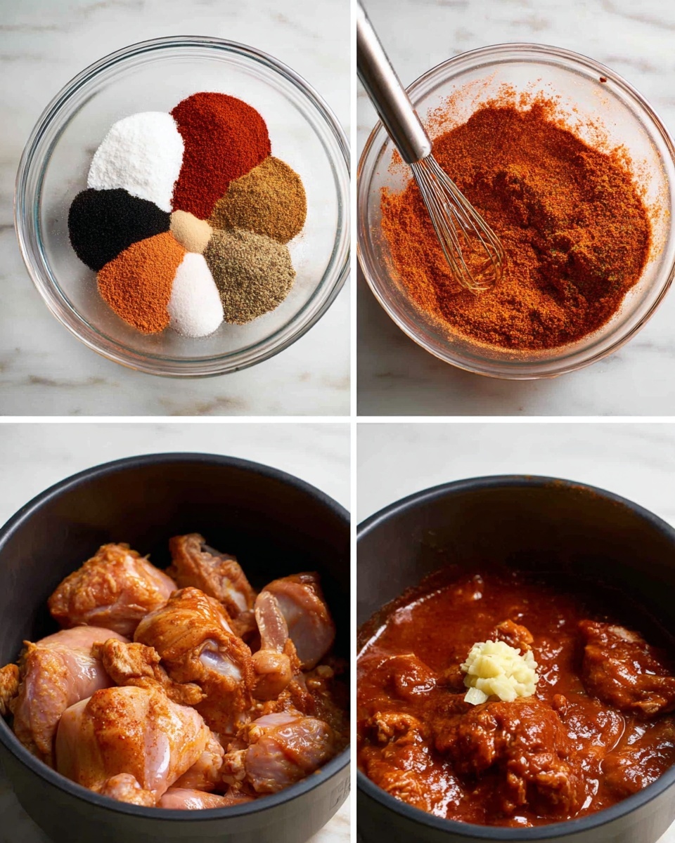 Four-image collage showing a cooking process on a white marbled surface: top left is a clear glass bowl with six piles of colorful spices in red, white, black, orange, and brown shades arranged like a fan, next to a metal whisk; top right shows raw chicken pieces in a black pot, covered with reddish spice powder and a dollop of pale yellow minced garlic; bottom left shows the same chicken in the black pot, now mixed so the meat is coated evenly with the reddish spices; bottom right shows the chicken in the black pot covered with thick reddish-brown sauce. photo taken with an iphone --ar 4:5 --v 7