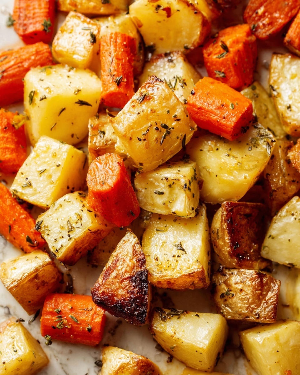 This close-up image shows a pile of roasted vegetables on a white marbled surface. There are two layers of cubed vegetables: the bottom layer is mostly golden-yellow potatoes with a crispy texture, showing browned edges and sprinkled with small dried herbs. The top layer includes bright orange carrot pieces, also roasted with some darkened spots, adding a rough texture and color contrast. The vegetables are slightly glossy with oil, making them look fresh and hot. photo taken with an iphone --ar 4:5 --v 7